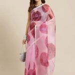 Fruit Printed Fashion Organza Saree color Pink