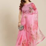 Floral Printed Fashion Organza Saree color Pink